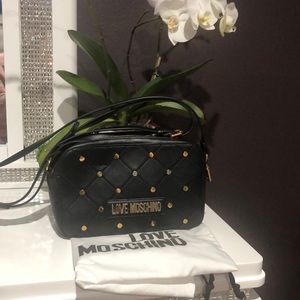 Love moschino black leather studded double zip cross body